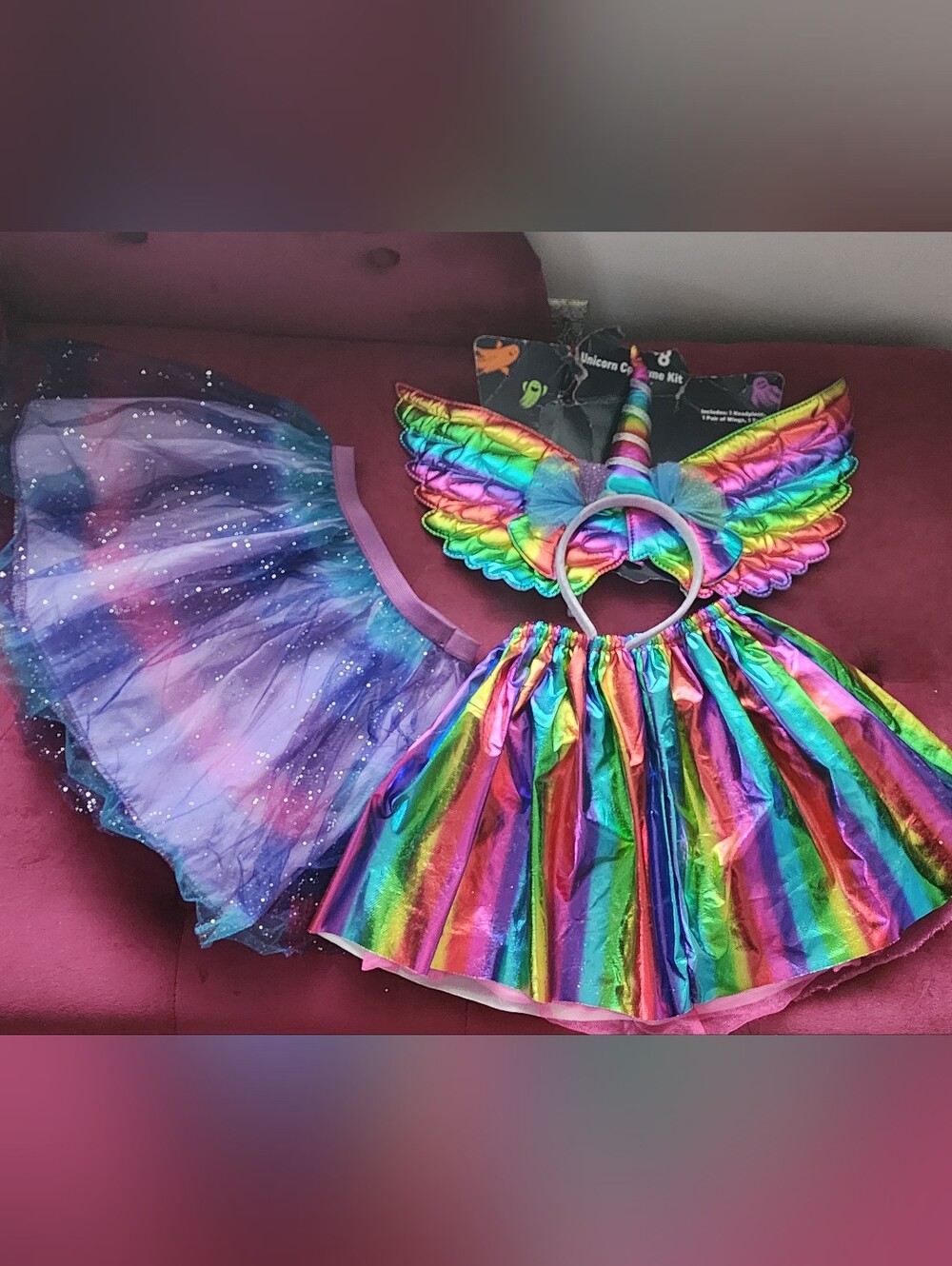 Rainbow Unicorn Wings, Horn Headband & 2 Skirts Kids Costume Set - Multicolor